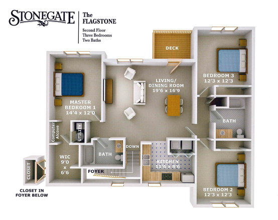Floor plan for 3 beds, 2 baths, 1369 sqft